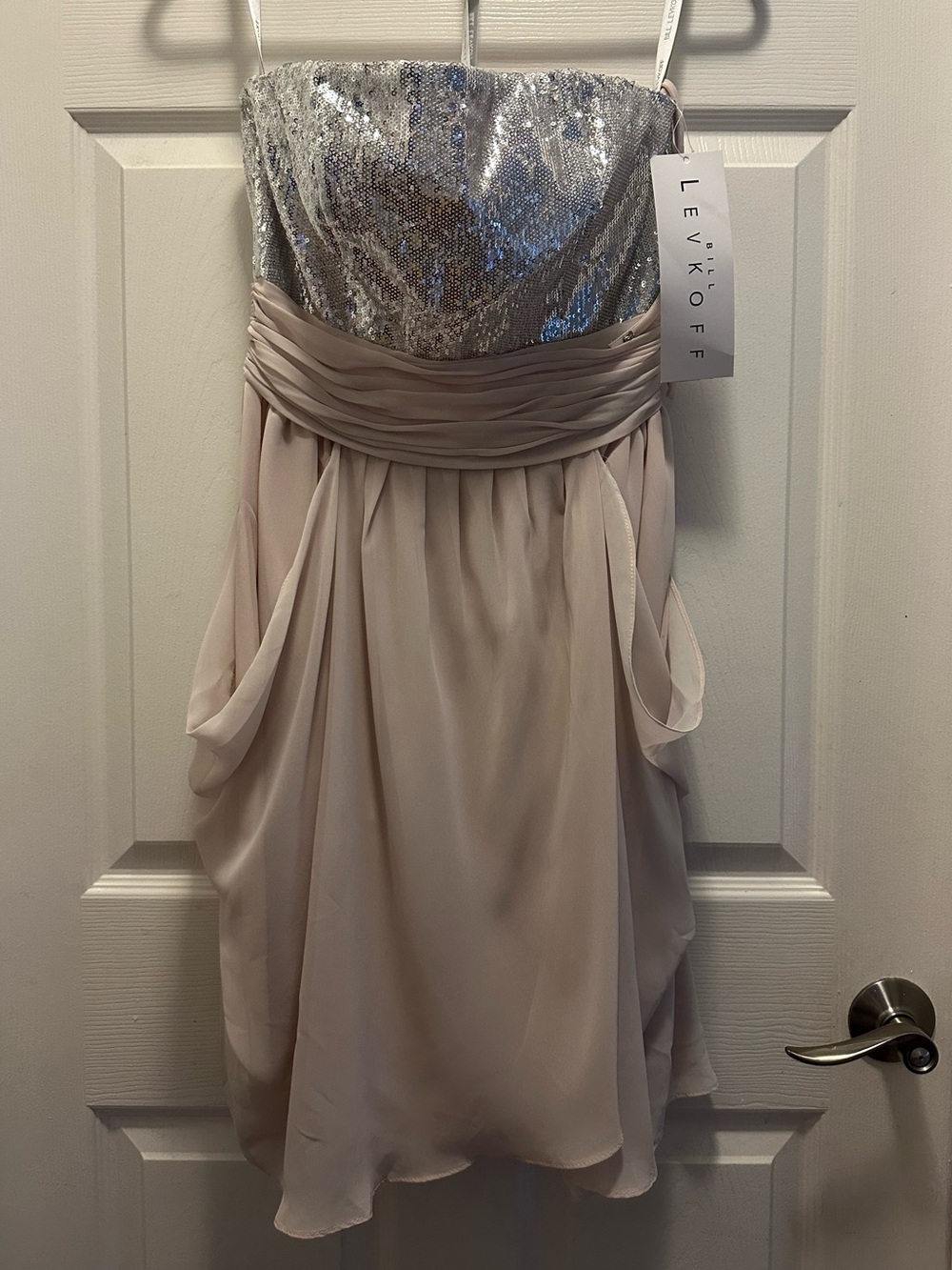 Bill Levkoff Silver Sequin Bodice Strapless Chiffon Dress - Picture 2 of 10